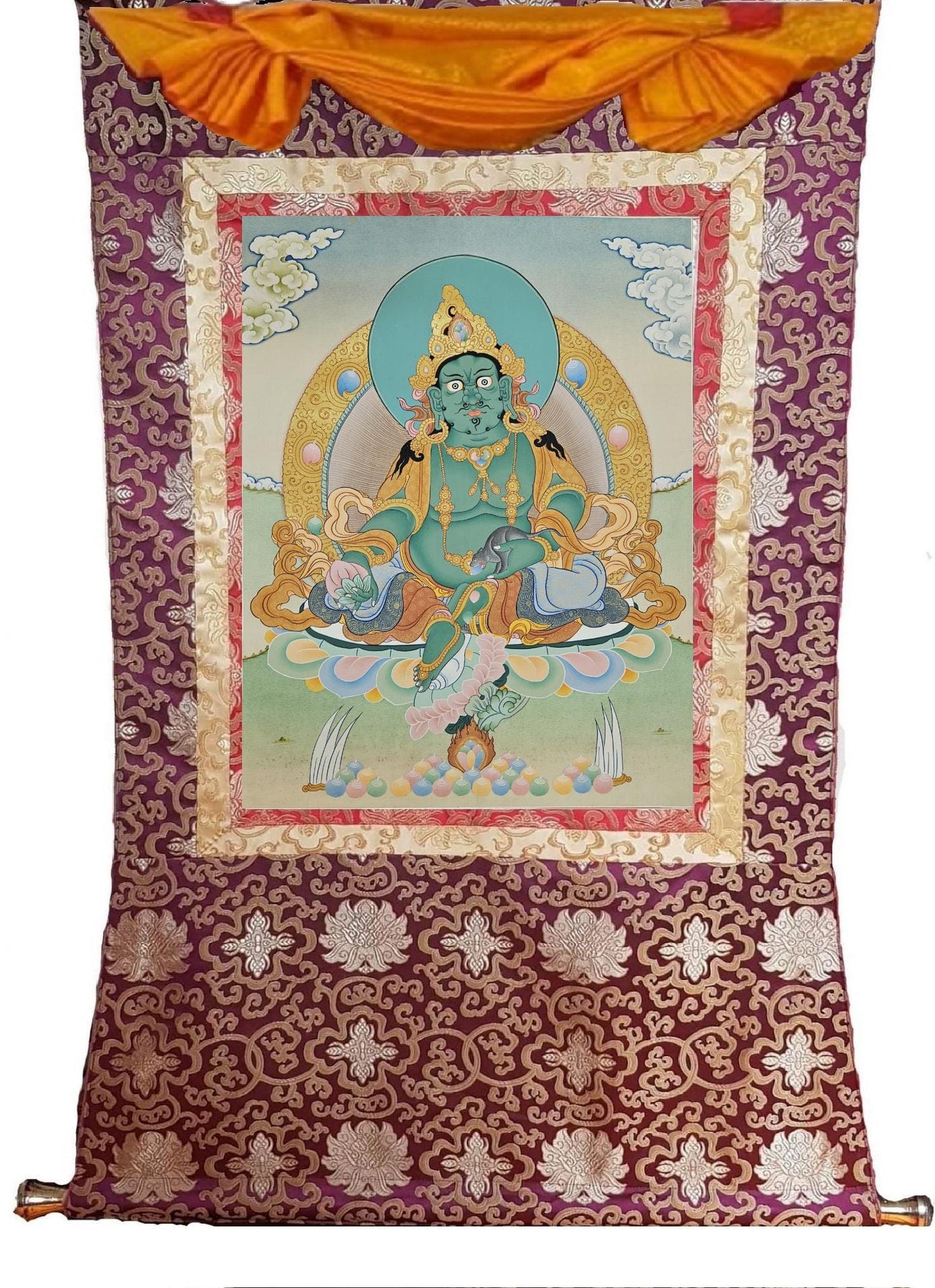 396. Green Jambhala or Zambhala Thangka (Thanka). Free Brocade / Free Shipping.