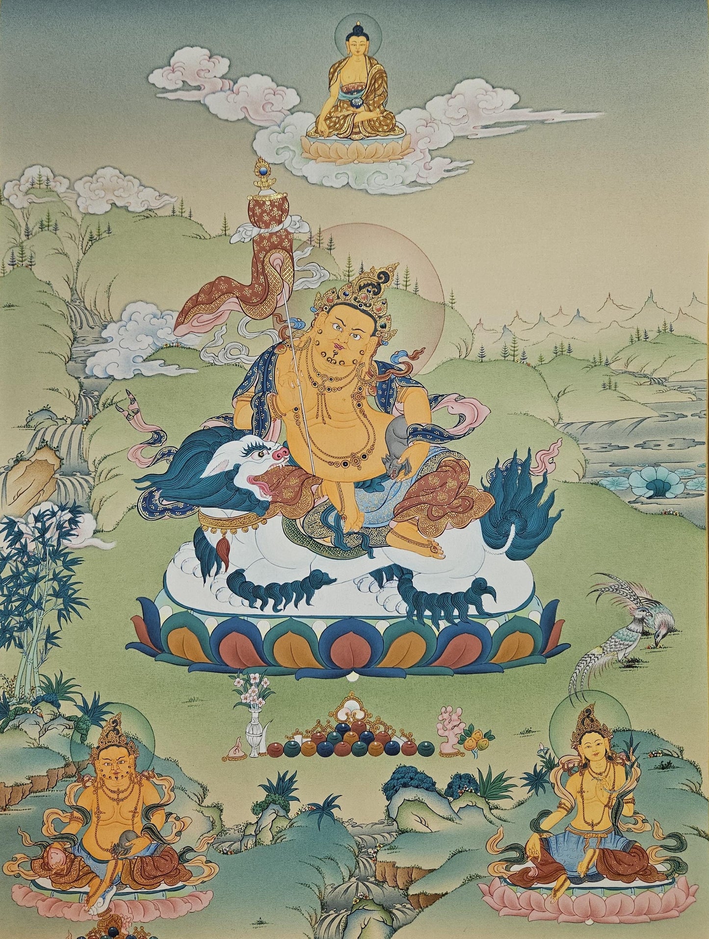 387. Namtoshe Jambhala or Zambhala Thangka (Thanka). Free Brocade / Free Shipping.