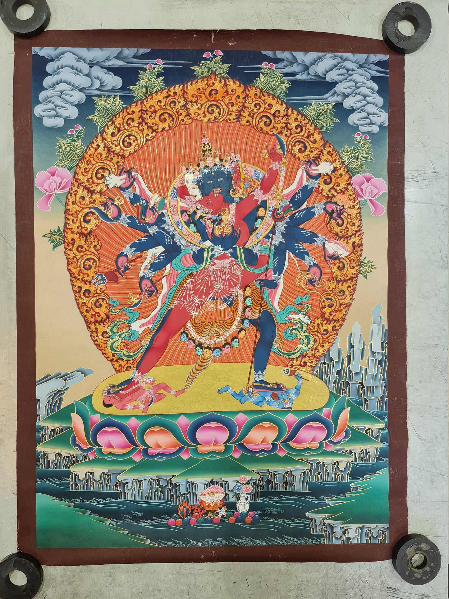 222. 12 Arm Chakrasamvara Thanka (Thangka) Painting. Free Brocade / Free Shipping.