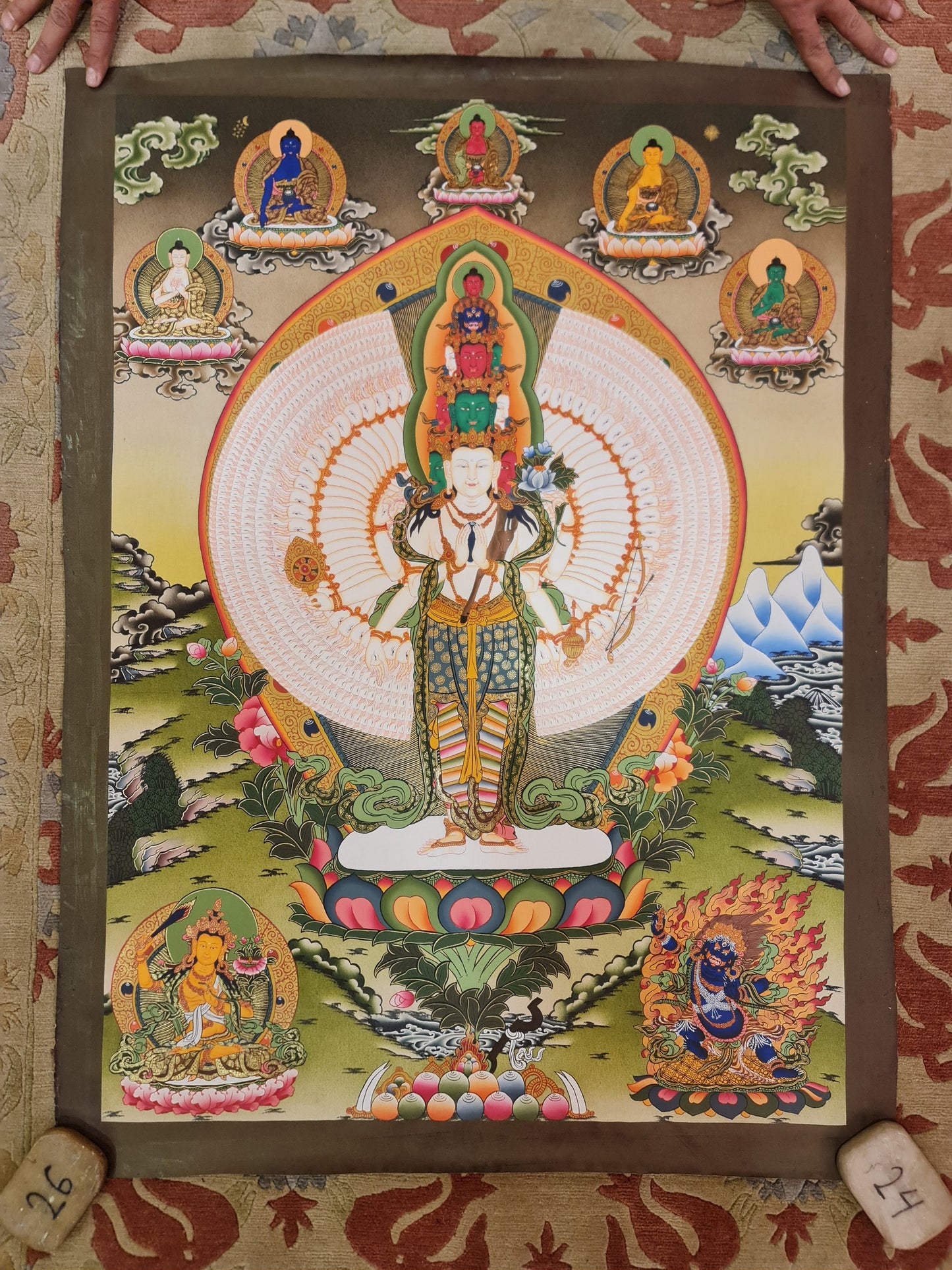 185. 1000 (Thousand) Arm Chenrezig Avalokiteshvara Thangka (Thanka). Free Brocade / Free Shipping.