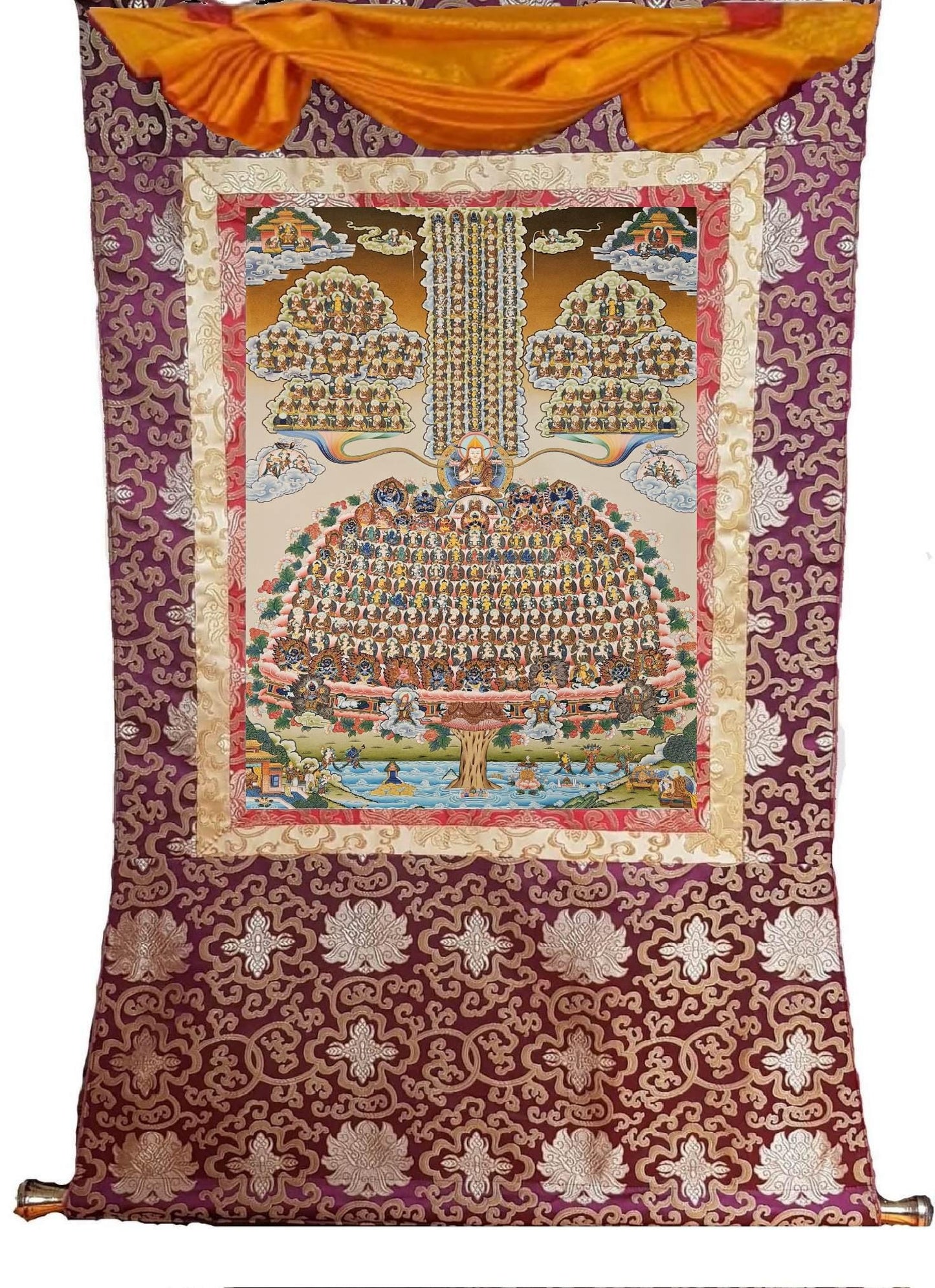 231. Gelug (Gelugpa) Lineage Tree Thangka (Thanka) Painting with 24 K Gold. Free Brocade / Free Shipping.