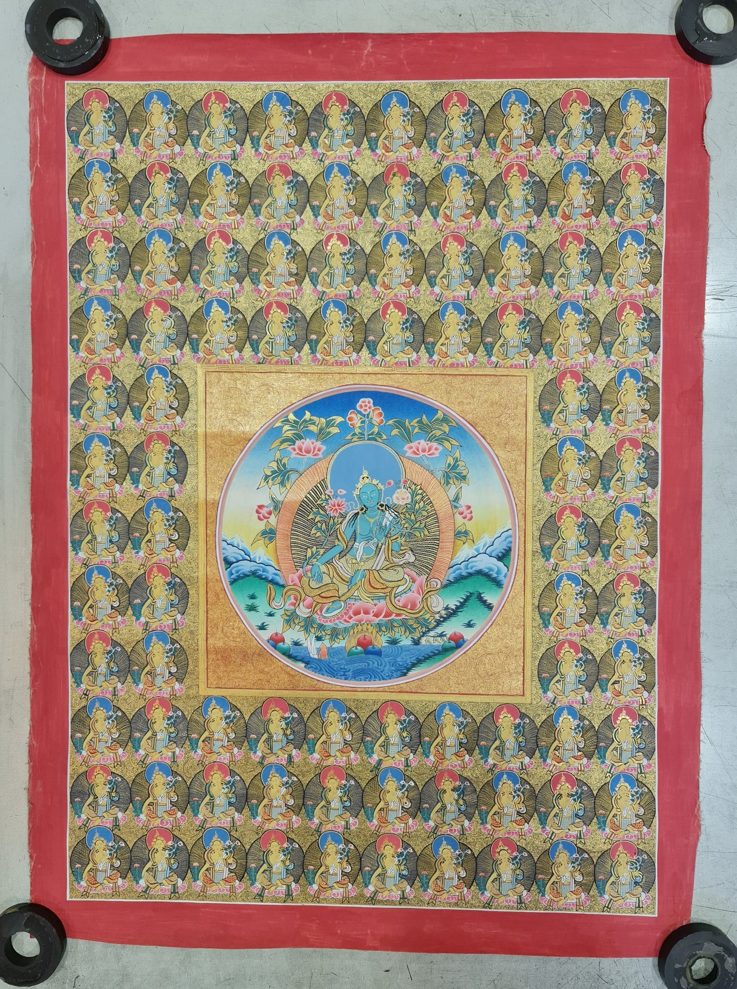 221. 108 Gold Green Tara Thangka (Thanka). Free Brocade / Free Shipping.