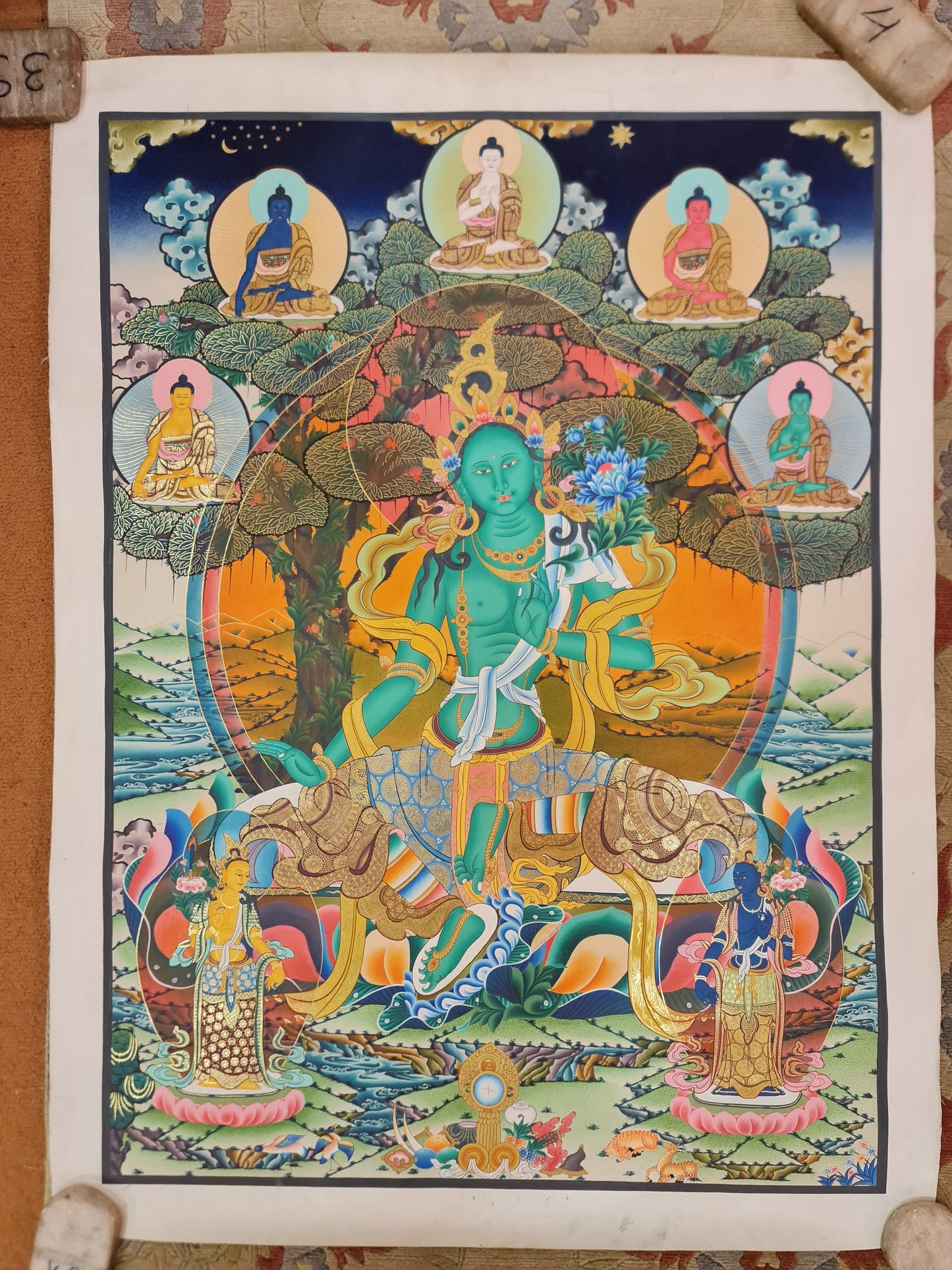 263. Large Green Tara Thangka (Thanka). Free Brocade / Free Shipping.