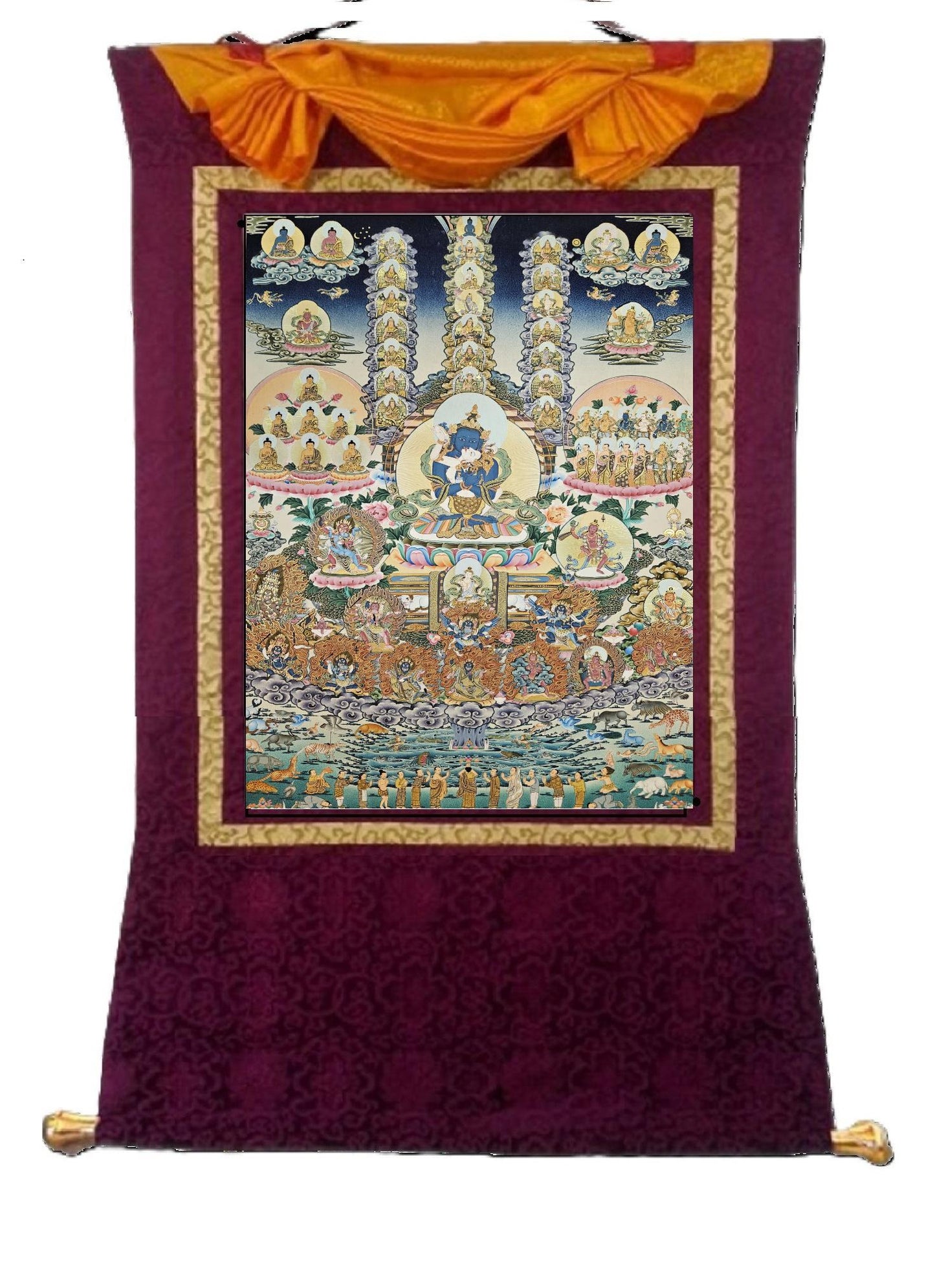391. Nyingma Lineage Tree with Guru Orgyen Dorje Chang in the Center Thangka (Thanka) Painting with 24 K Gold. Free Brocade / Free Shipping.