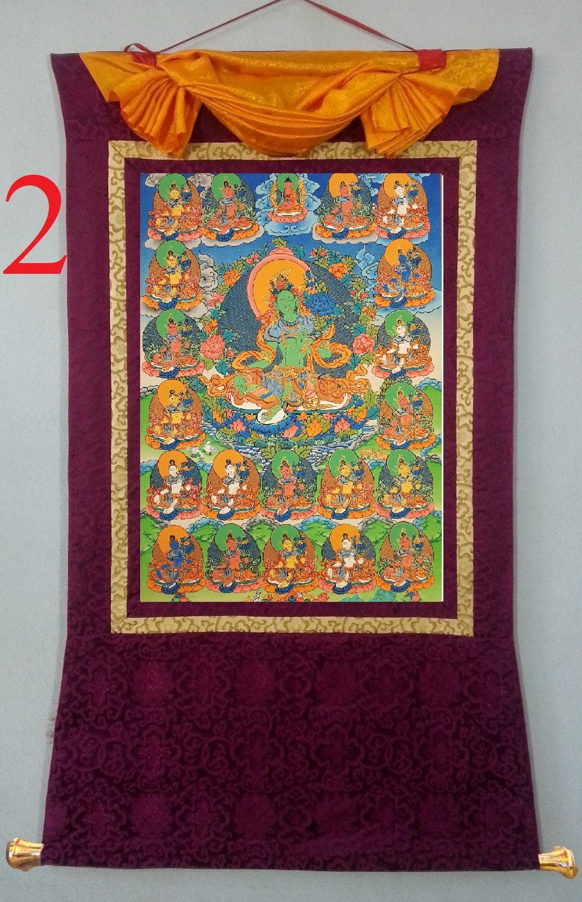 2. Green Tara with 21 other Tara Thangka (Thanka). Free Brocade / Free Shipping.