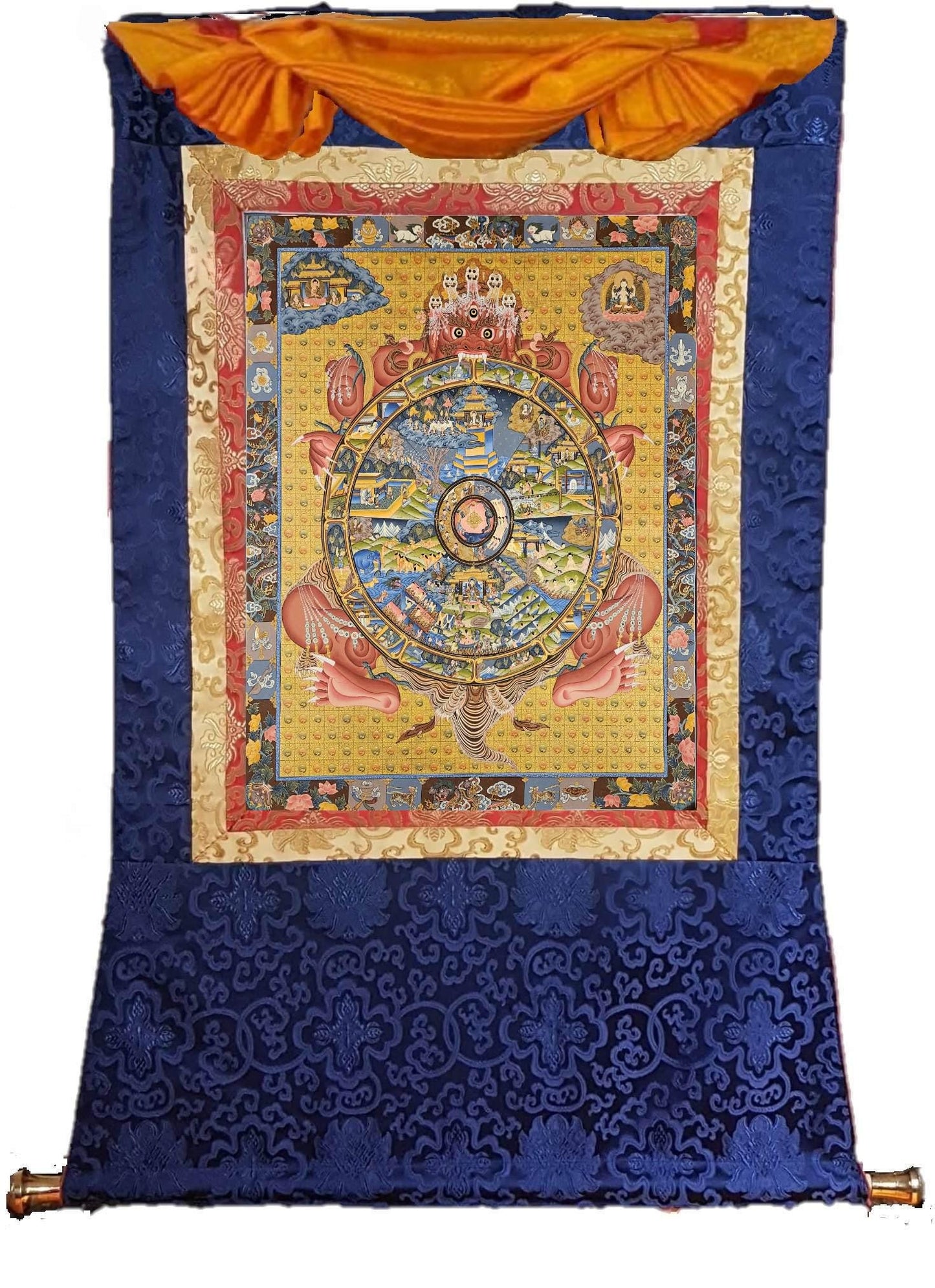 384. 20 Year Old Wheel of Life (Samsara) Thangka (Thanka). Free Brocade / Free Shipping.