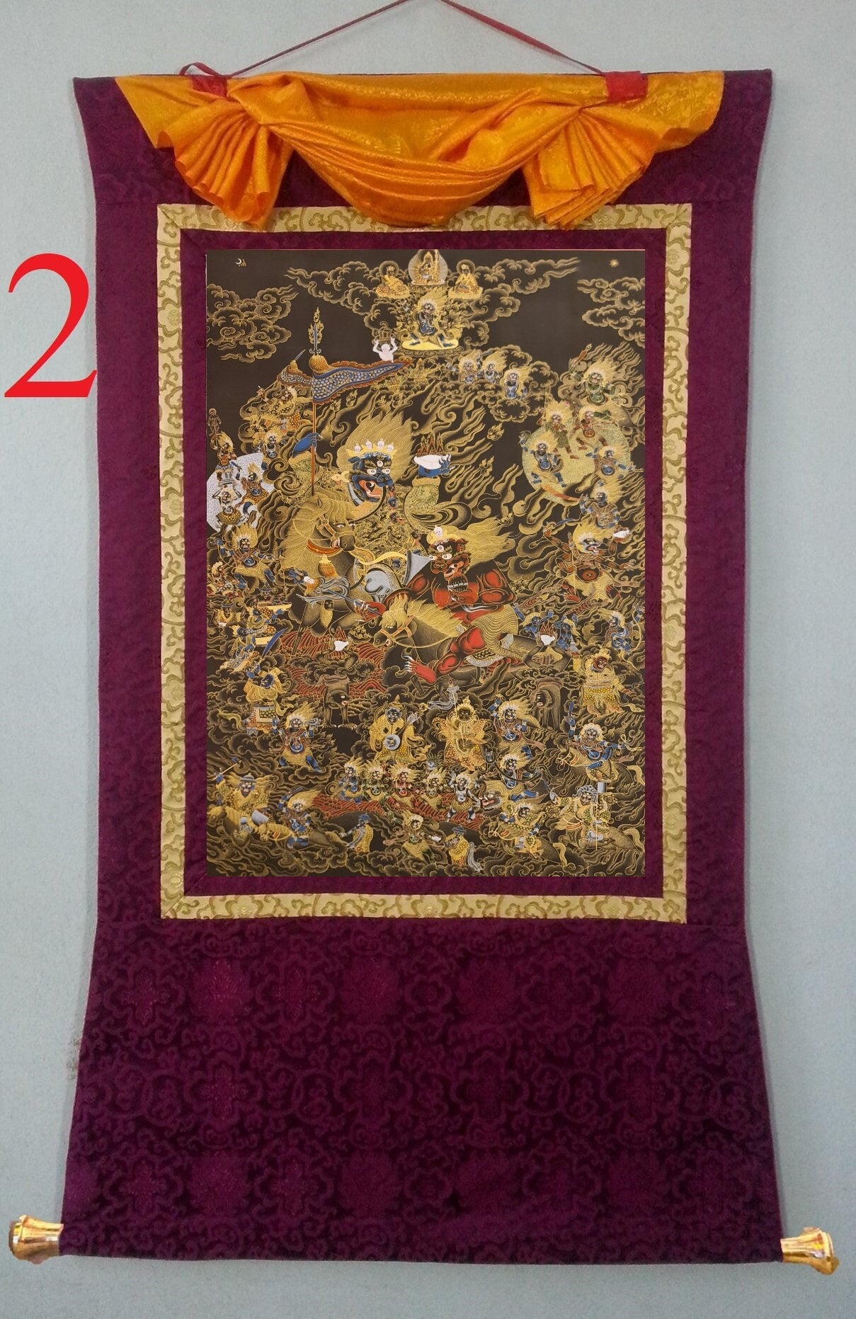 303. Shing Kyong and his Retinue Lion faced Maranatha (Kshetrapala) Thanka (Thangka). Free Brocade / Free Shipping.