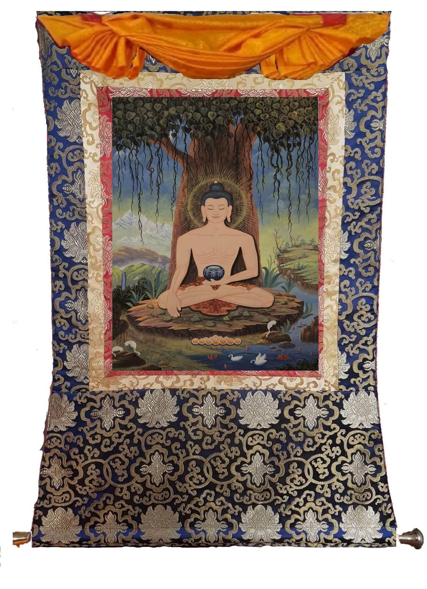 382. Newari Style Fasting Shakyamuni Buddha Thangka (Thanka). Free Brocade / Free Shipping.