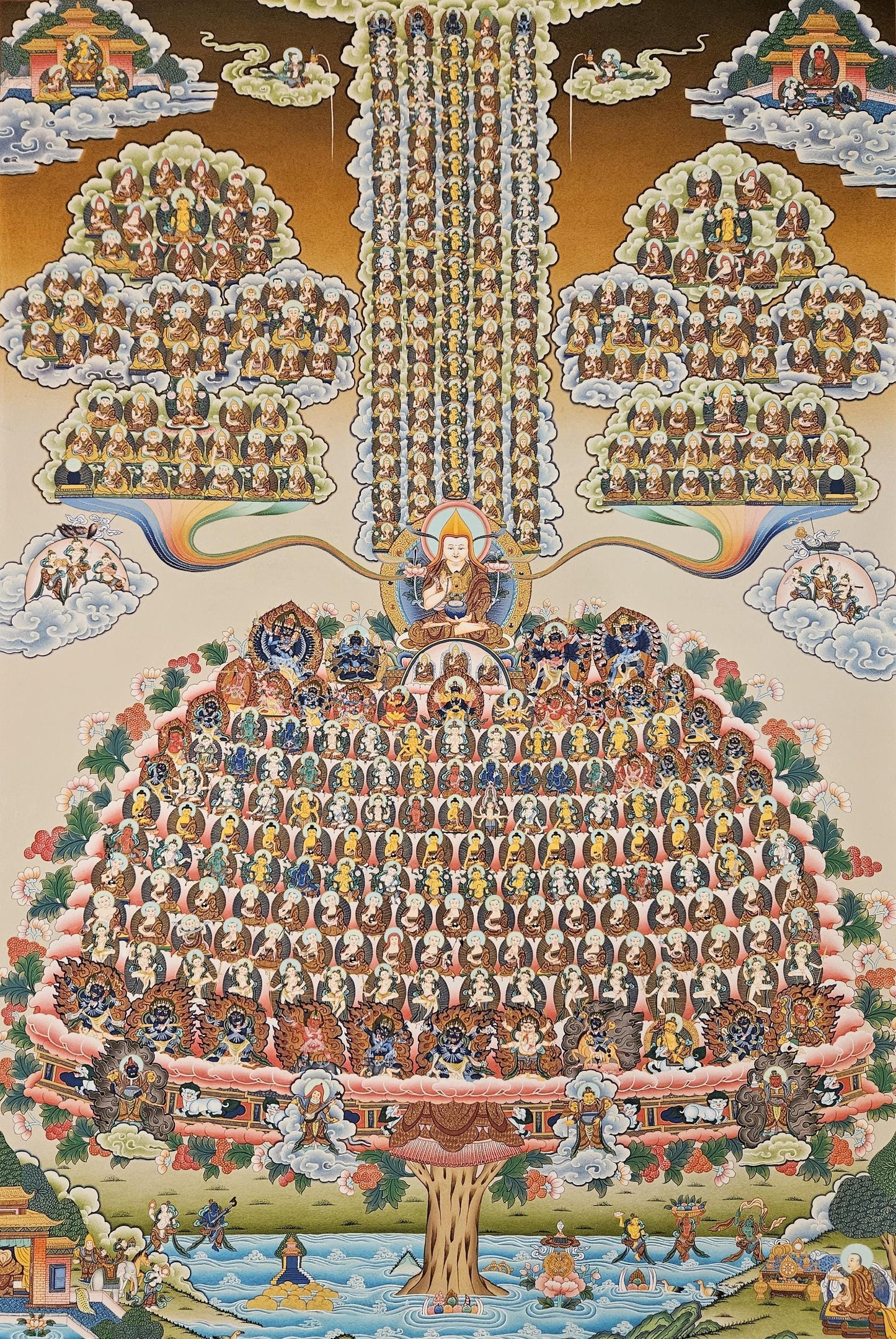 231. Gelug (Gelugpa) Lineage Tree Thangka (Thanka) Painting with 24 K Gold. Free Brocade / Free Shipping.