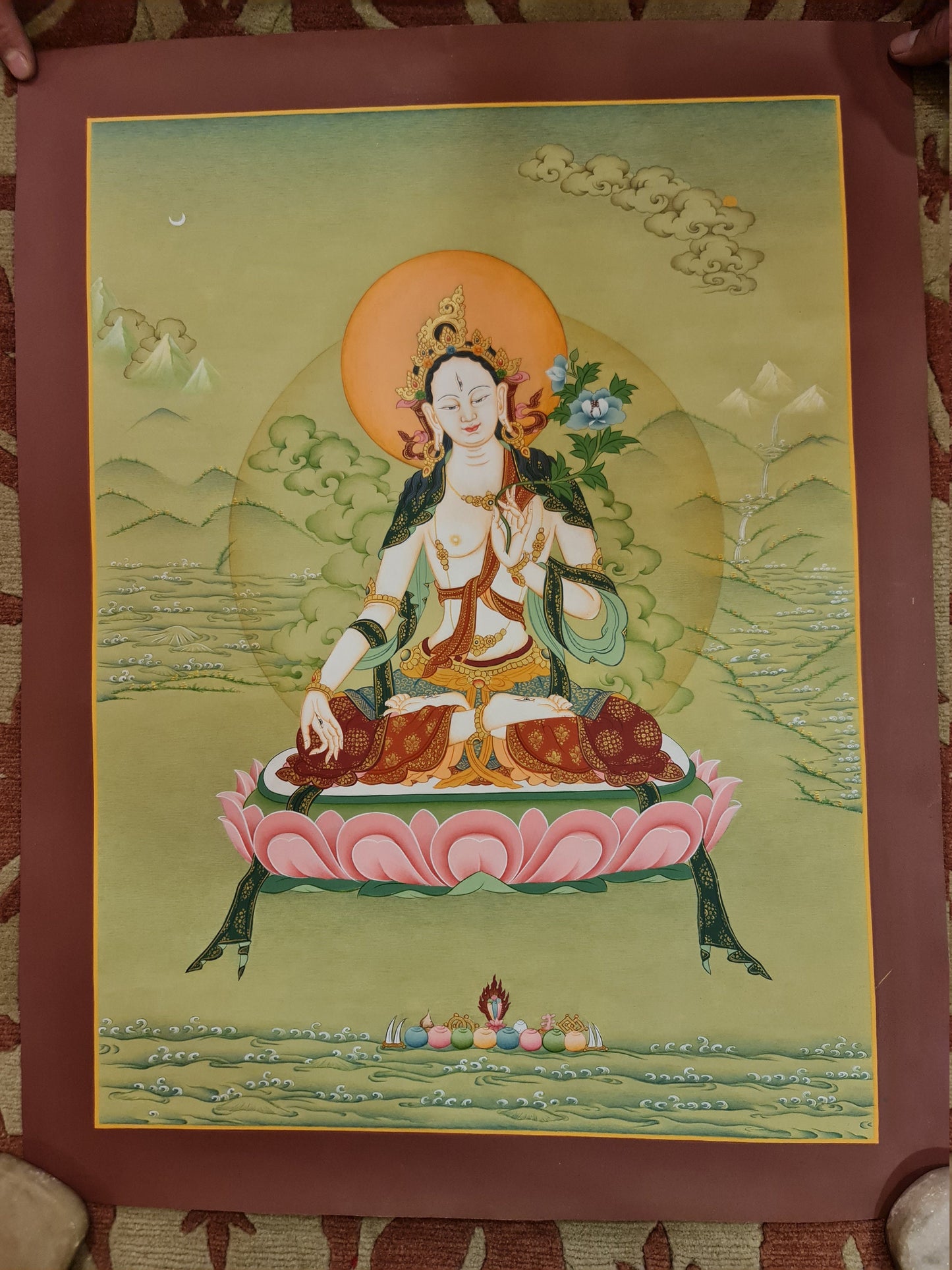 228. Karma Gadri White Tara Thangka (Thanka). Free Brocade / Free Shipping.