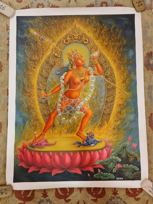 Vajrayogini Thangka (Thanka) Oil Newari Painting Paubha in Canvas. Signed by the Artist.