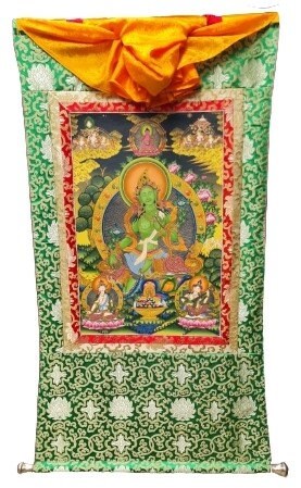 Green Tara Thangka (Thanka) with Green Brocade. Free Shipping.