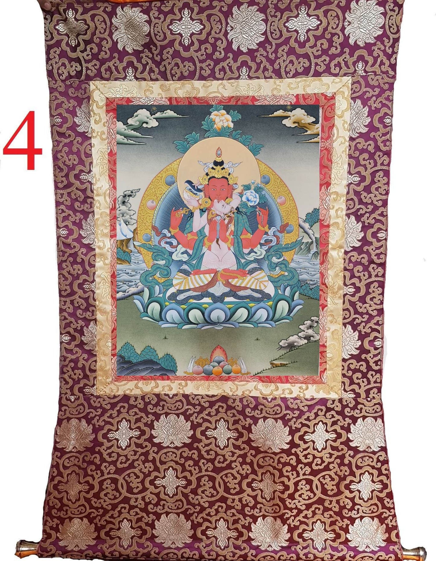 294. Gyalwa Gyatso (Red Chenrezig - Consort) Thangka (Thanka).  Free Brocade / Free Shipping.
