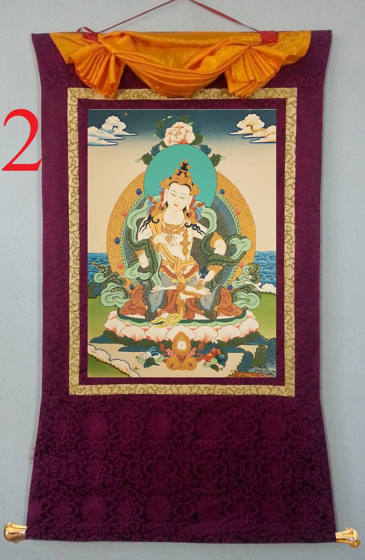 133. Vajrasattva Tibetan Thangka (Thanka) Painting. Free Brocade / Free Shipping.