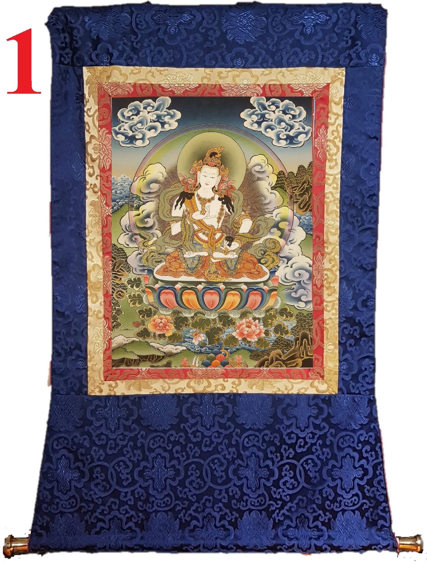 132. Vajrasattva Tibetan Thangka (Thanka) Painting. Free Brocade / Free Shipping.