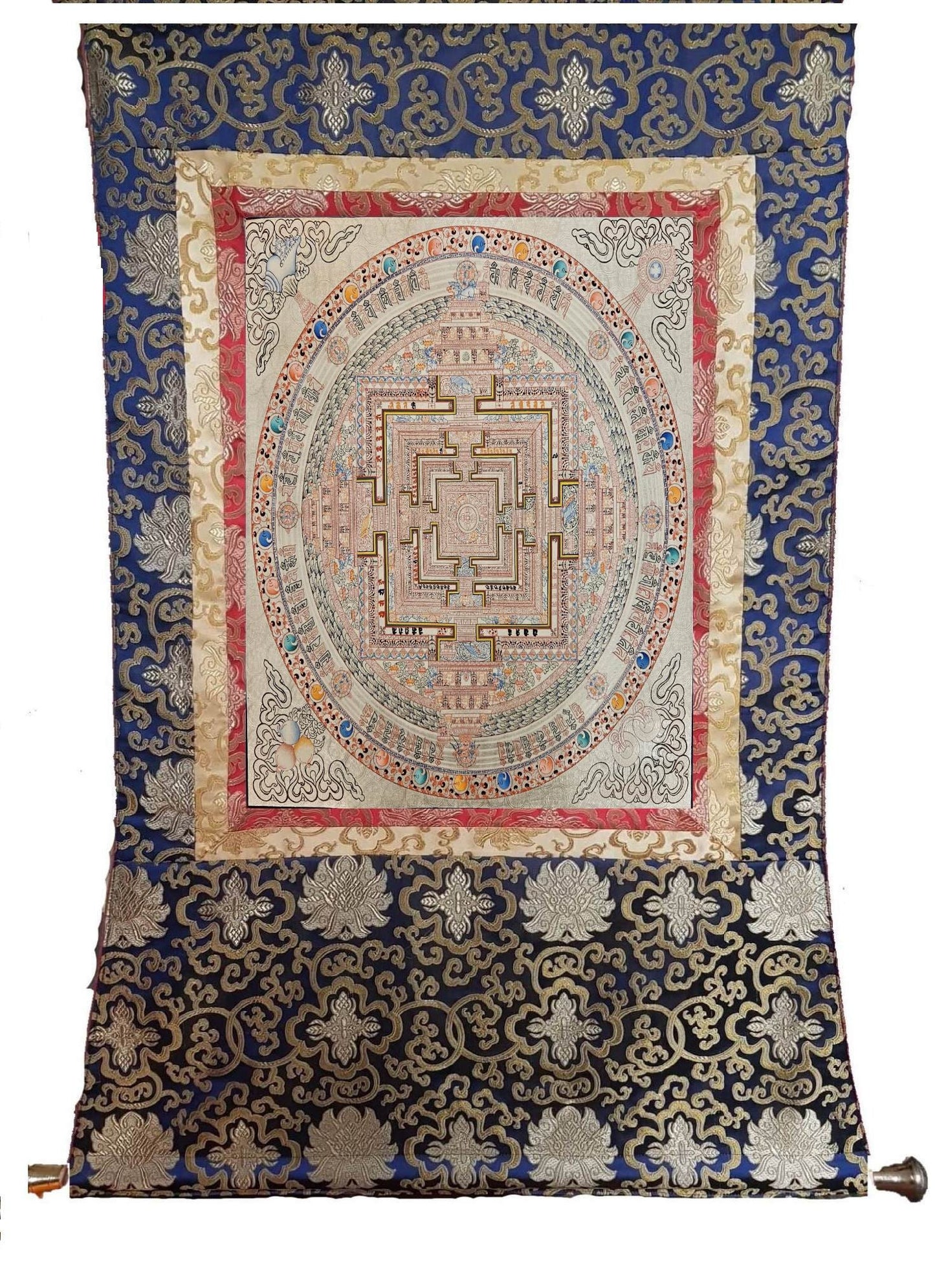 341. Silver Kalachakra Mandala Thangka (Thanka). Free Brocade / Free Shipping.