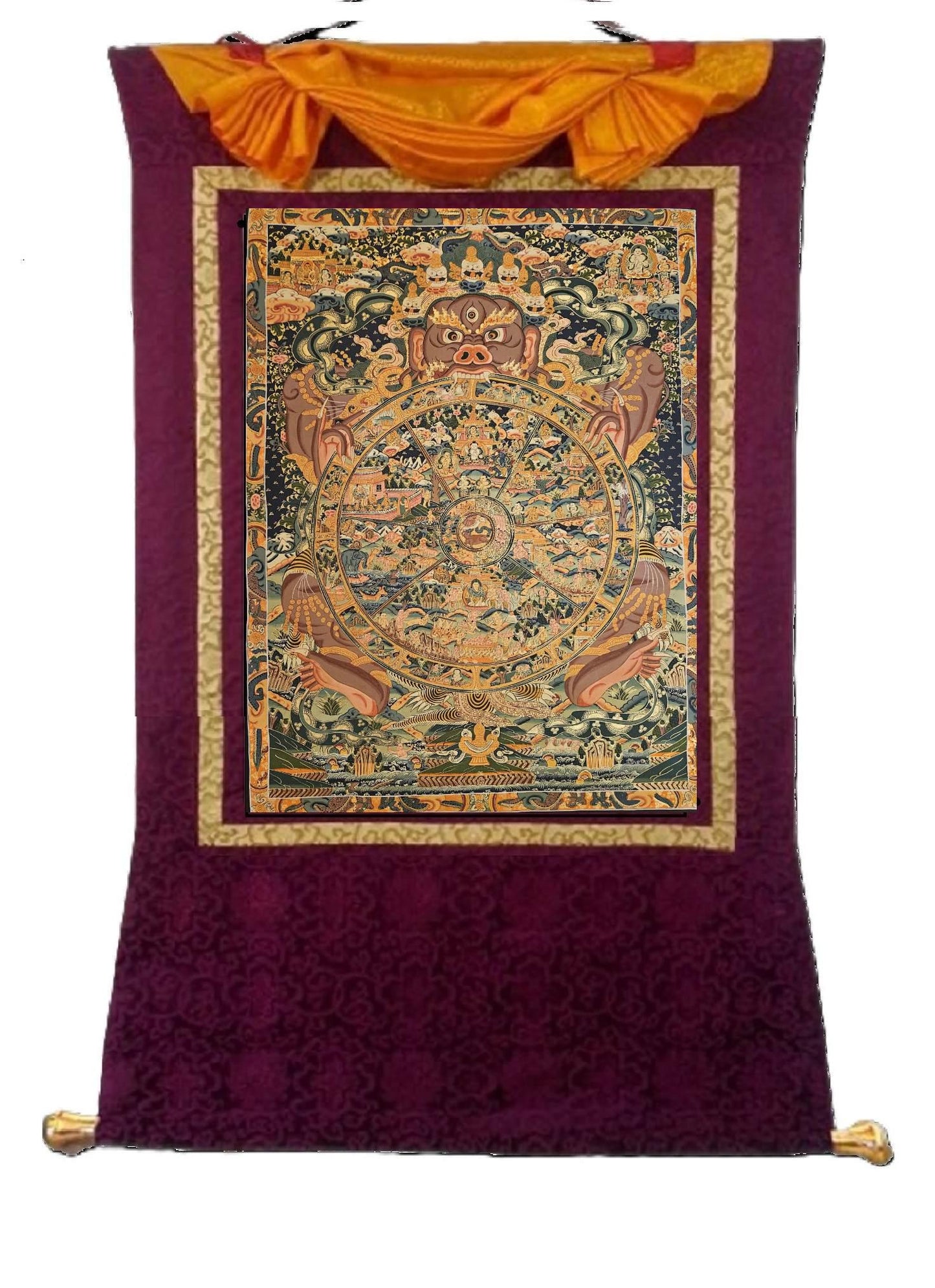 378. Large Wheel of Life (Samsara) Thangka (Thanka). Free Brocade / Free Shipping.