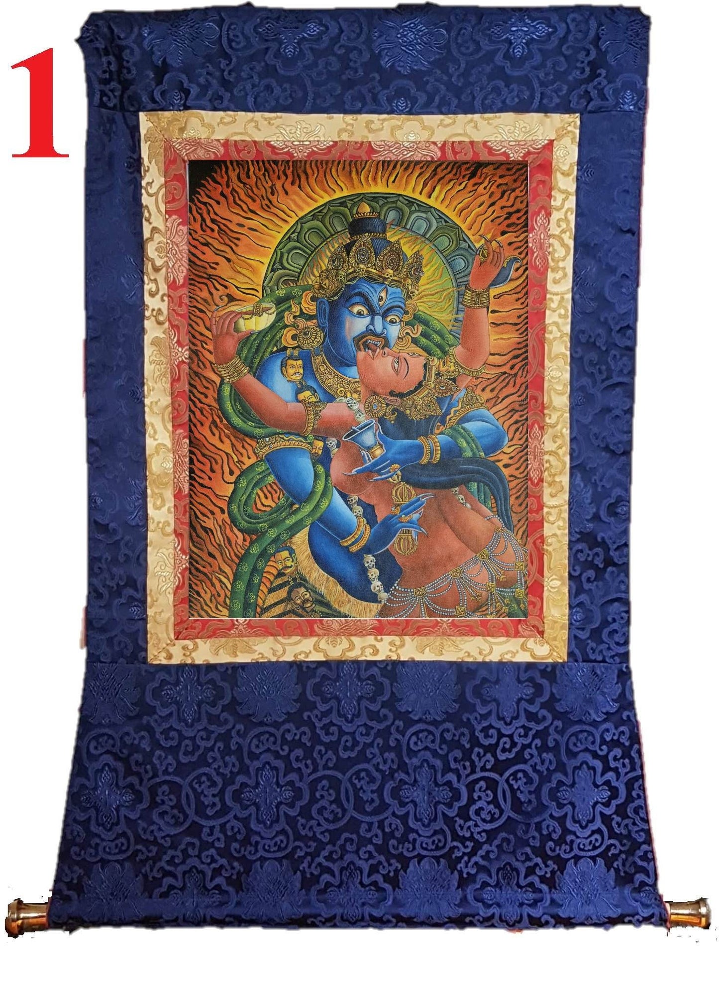 309. Two-Armed Heruka Chakrasamvara with Consort Thangka (Thanka) Oil Painting. Free Brocade / Free Shipping.