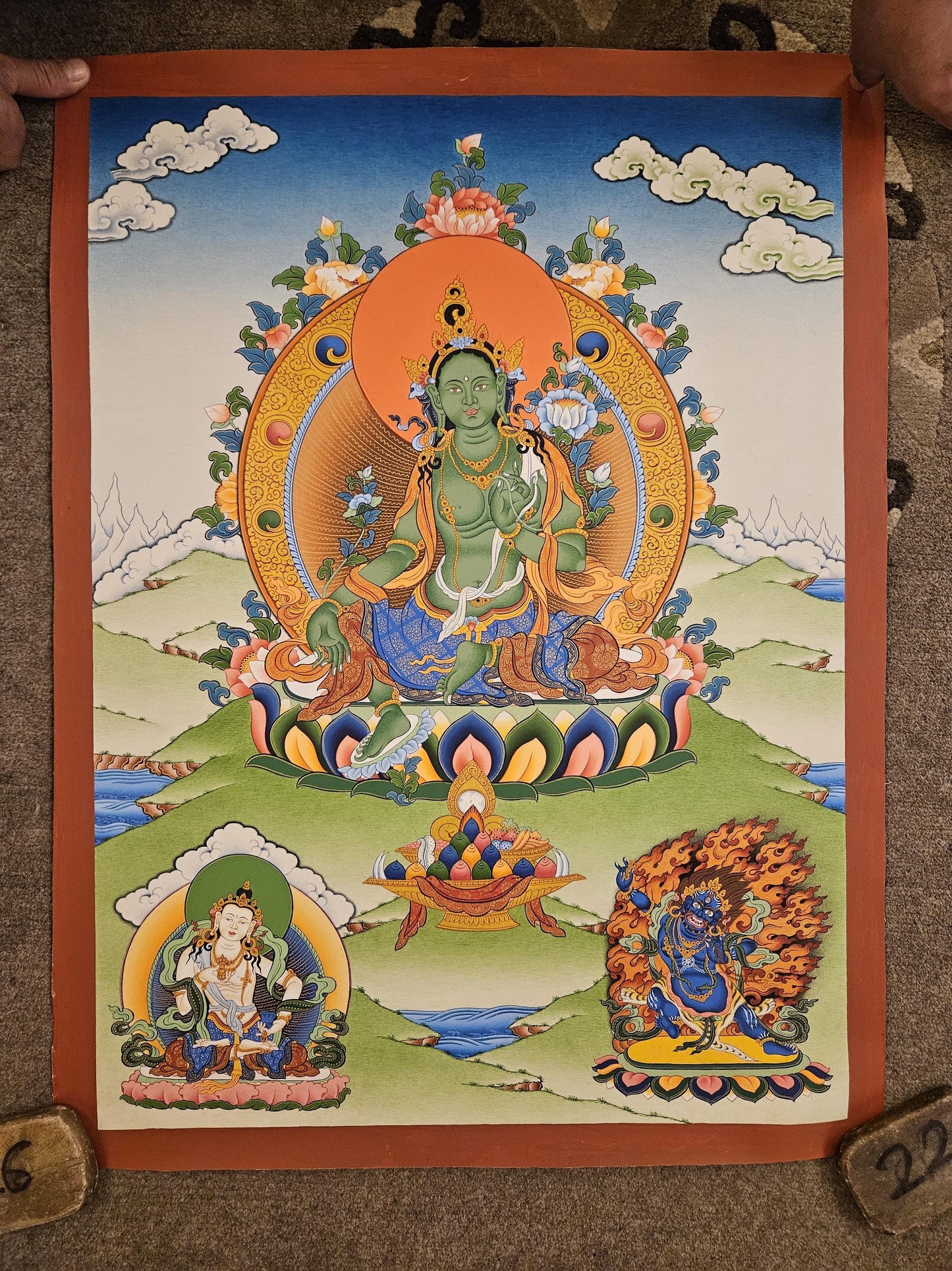 361. Green Tara with Vajrasattva and Vajrapani (Ayang Rinpoche) Thangka (Thanka). Free Brocade / Free Shipping.