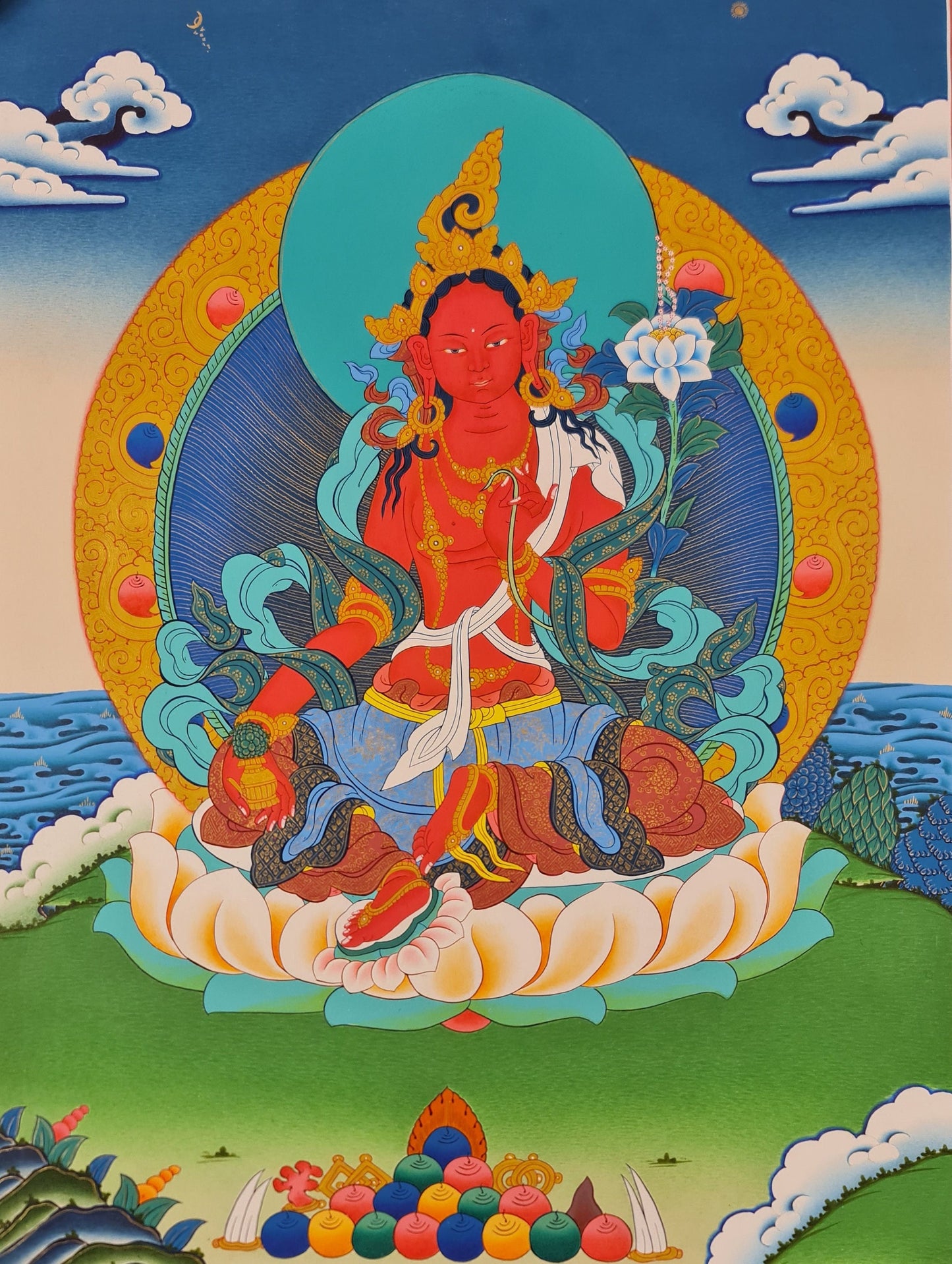 102. Red Tara Thangka (Thanka) with Wine Color Brocade. Free Shipping.