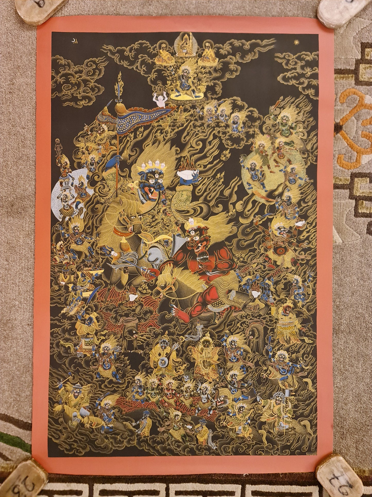 303. Shing Kyong and his Retinue Lion faced Maranatha (Kshetrapala) Thanka (Thangka). Free Brocade / Free Shipping.