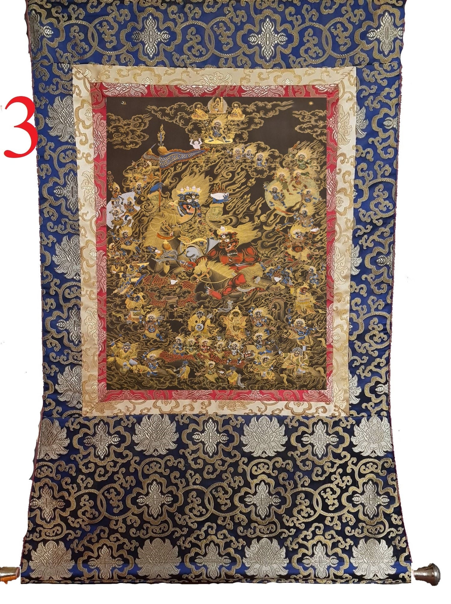 303. Shing Kyong and his Retinue Lion faced Maranatha (Kshetrapala) Thanka (Thangka). Free Brocade / Free Shipping.