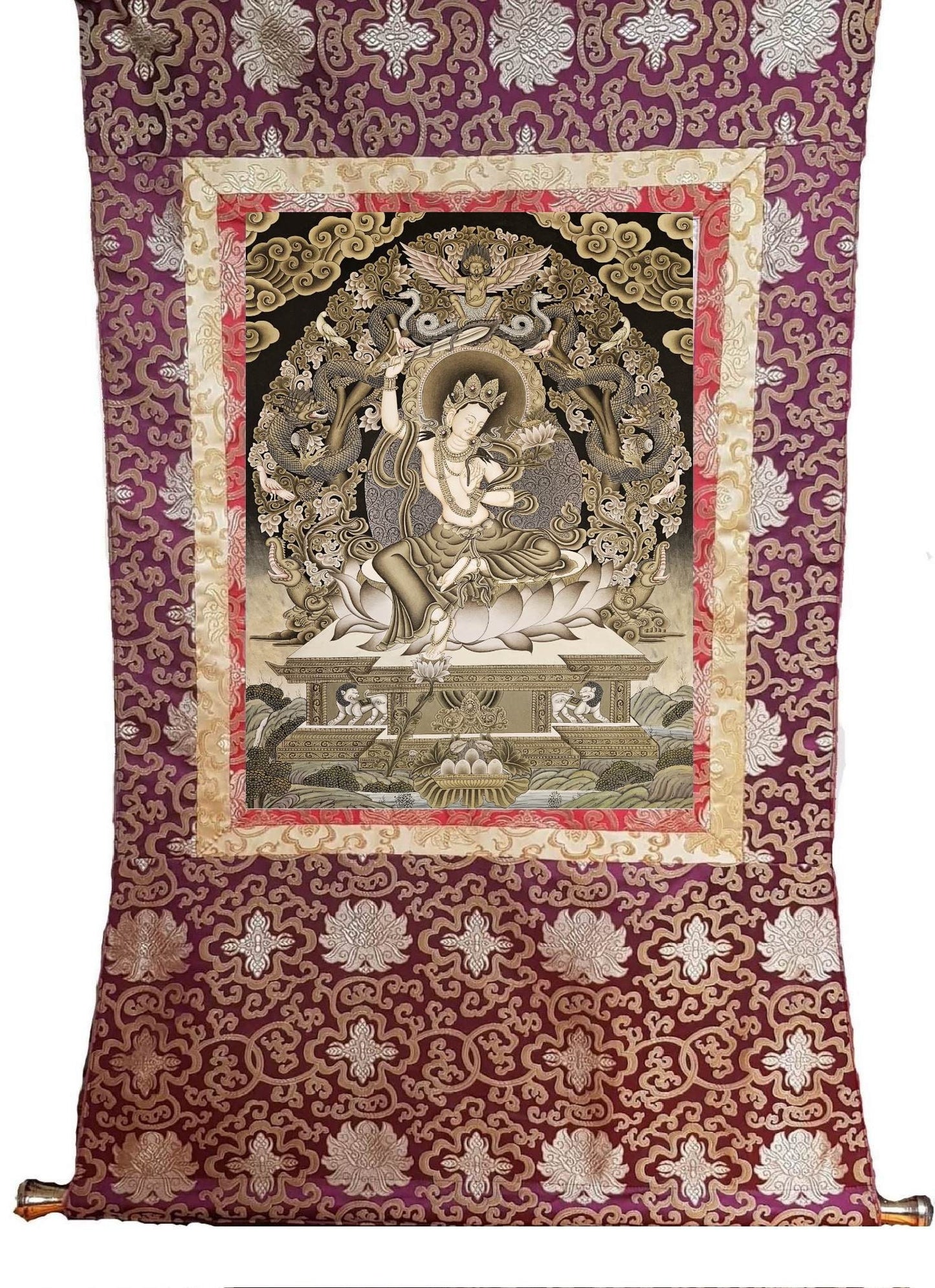 315. Manjushree (Manjushri) Thangka (Thanka) with Newari Fusion. Free Brocade / Free Shipping.