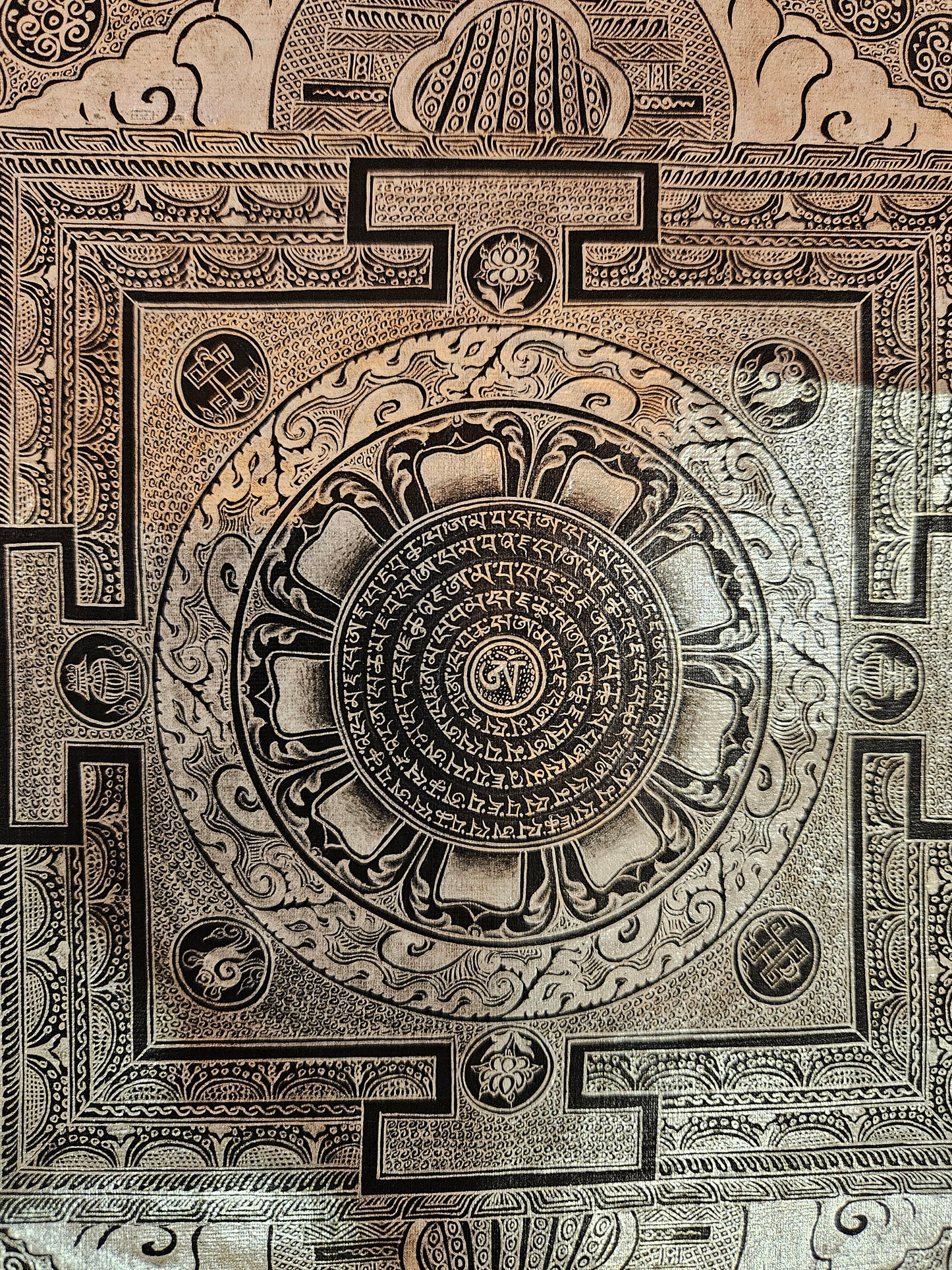 342. Silver and Black Mantra Mandala Thangka (Thanka). Free Brocade / Free Shipping.