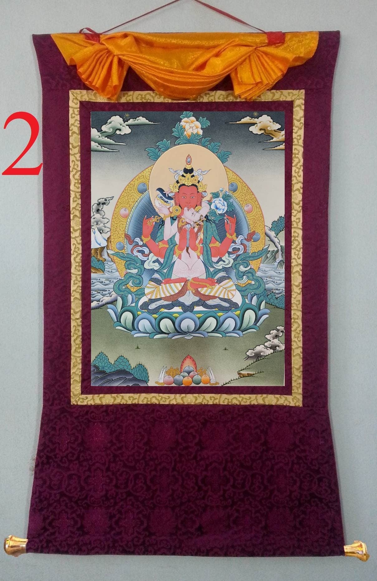 294. Gyalwa Gyatso (Red Chenrezig - Consort) Thangka (Thanka).  Free Brocade / Free Shipping.