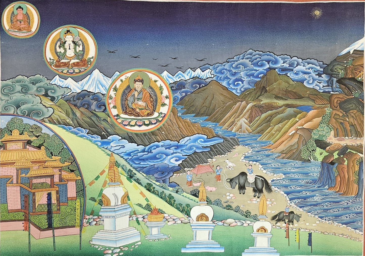 328. Triratna (Guru Rinpoche, Amitabha, Chenrezig) Long Horizontal Thangka (Thanka). Free Shipping.