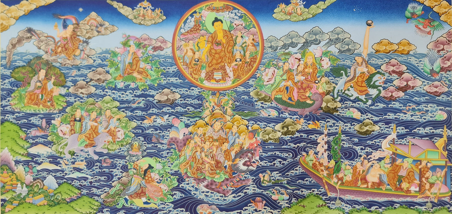 260. 16 Arhats (Arahats) Paani Buddha Water Crossing  (Thanka) Thangka. Free Shipping.