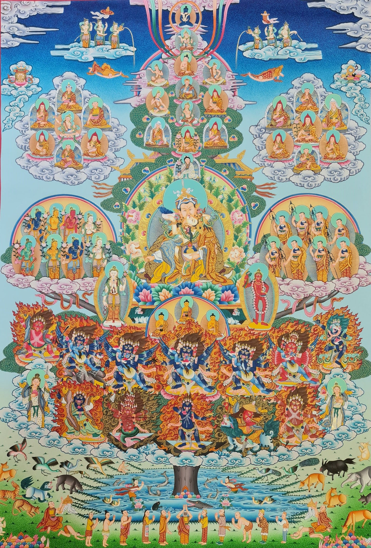 229. Nyingma Lineage Tree Longchen Nyingtik Thangka (Thanka) Painting with 24 K Gold. Free Brocade / Free Shipping.