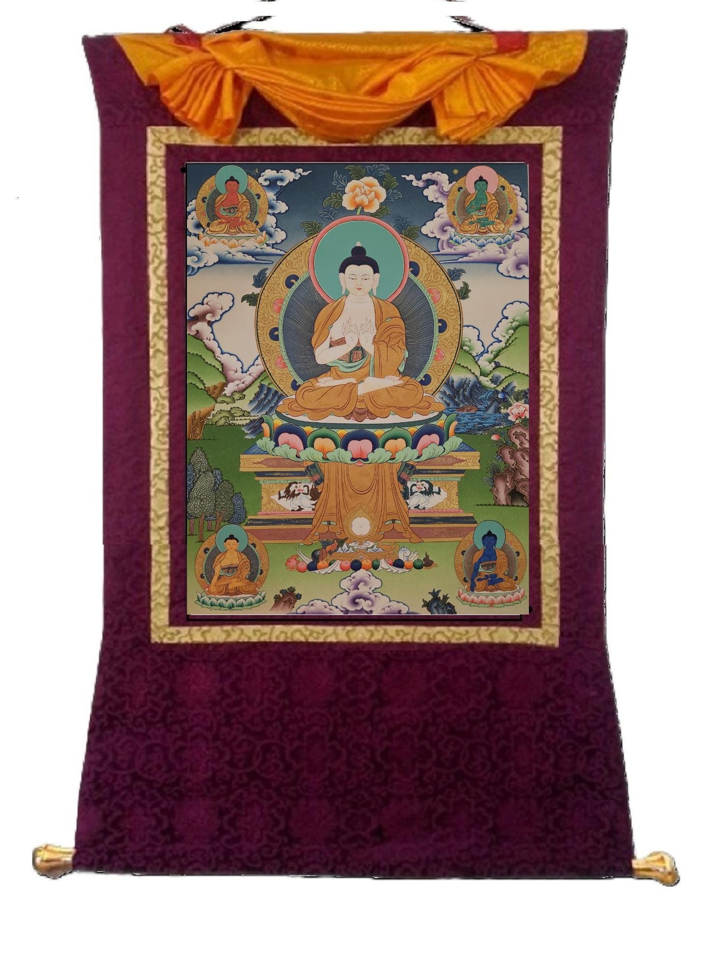 393. Five Pancha Dhyani Buddha Thangka (Thanka). Free Brocade / Free Shipping.