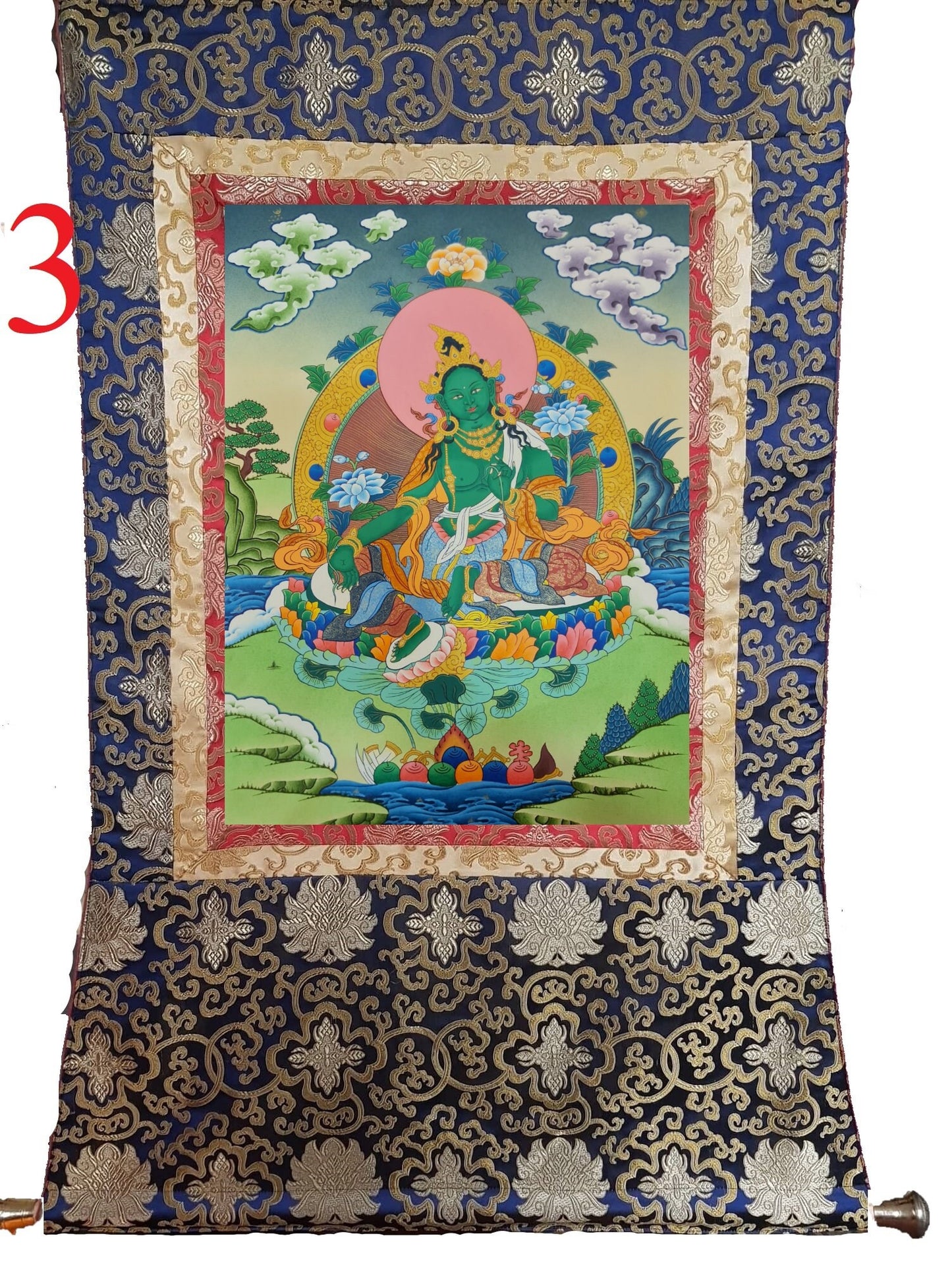 55. Green Tara Thangka (Thanka). Free Brocade / Free Shipping.