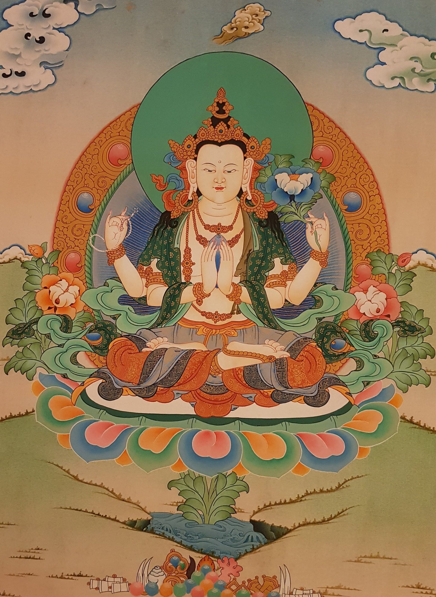 38. Chenrezig Thangka (Thanka).  Free Brocade / Free Shipping.