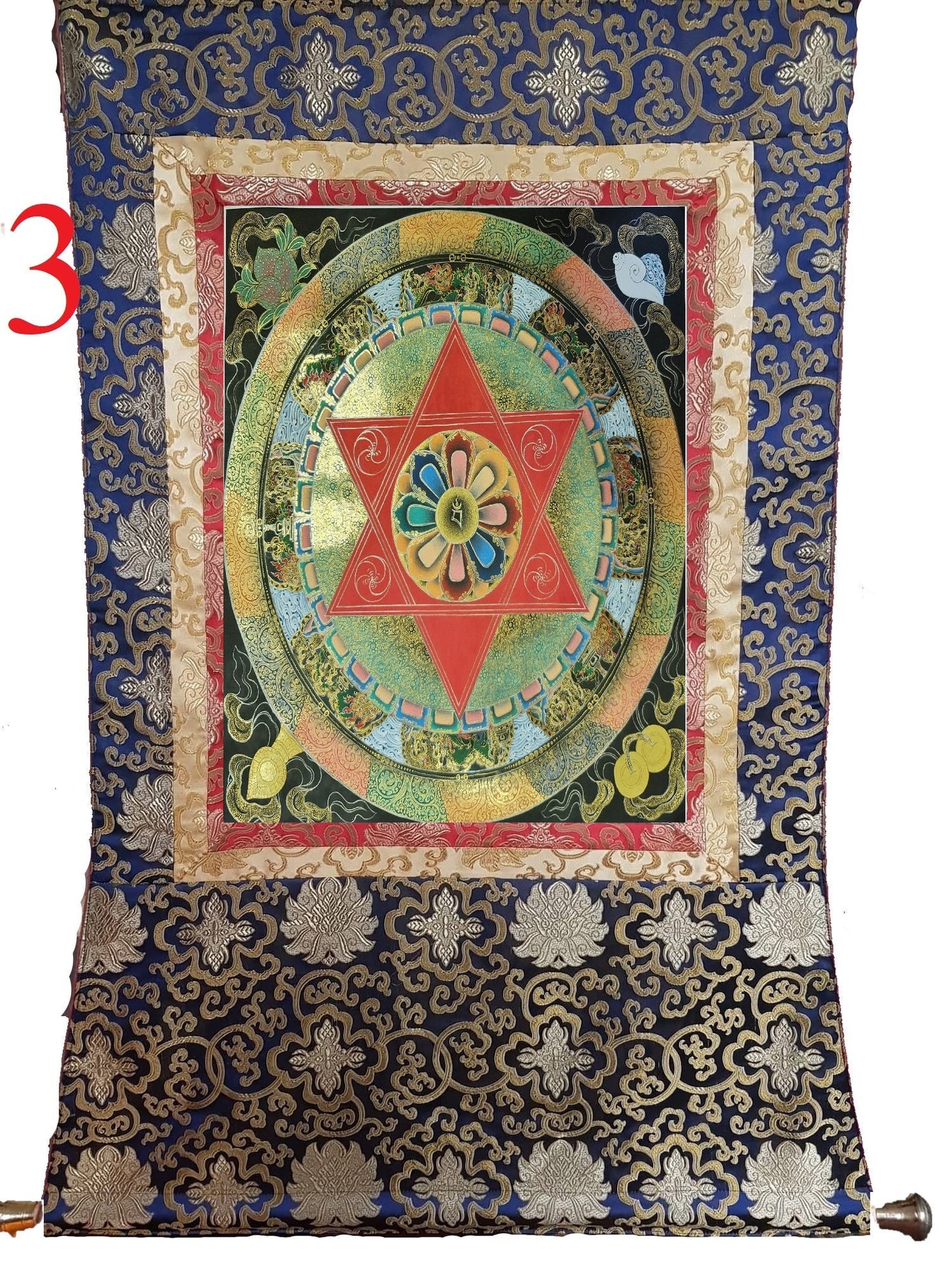 93. Black and 24 K Gold Mandala Thangka (Thanka). Free Brocade / Free Shipping.