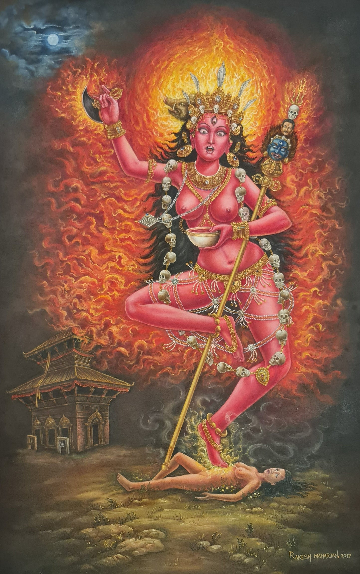 Vajravarahi Samding Dorje Phagmo(Phamo) Oil Newari Painting Paubha in Canvas. Signed by the Artist.