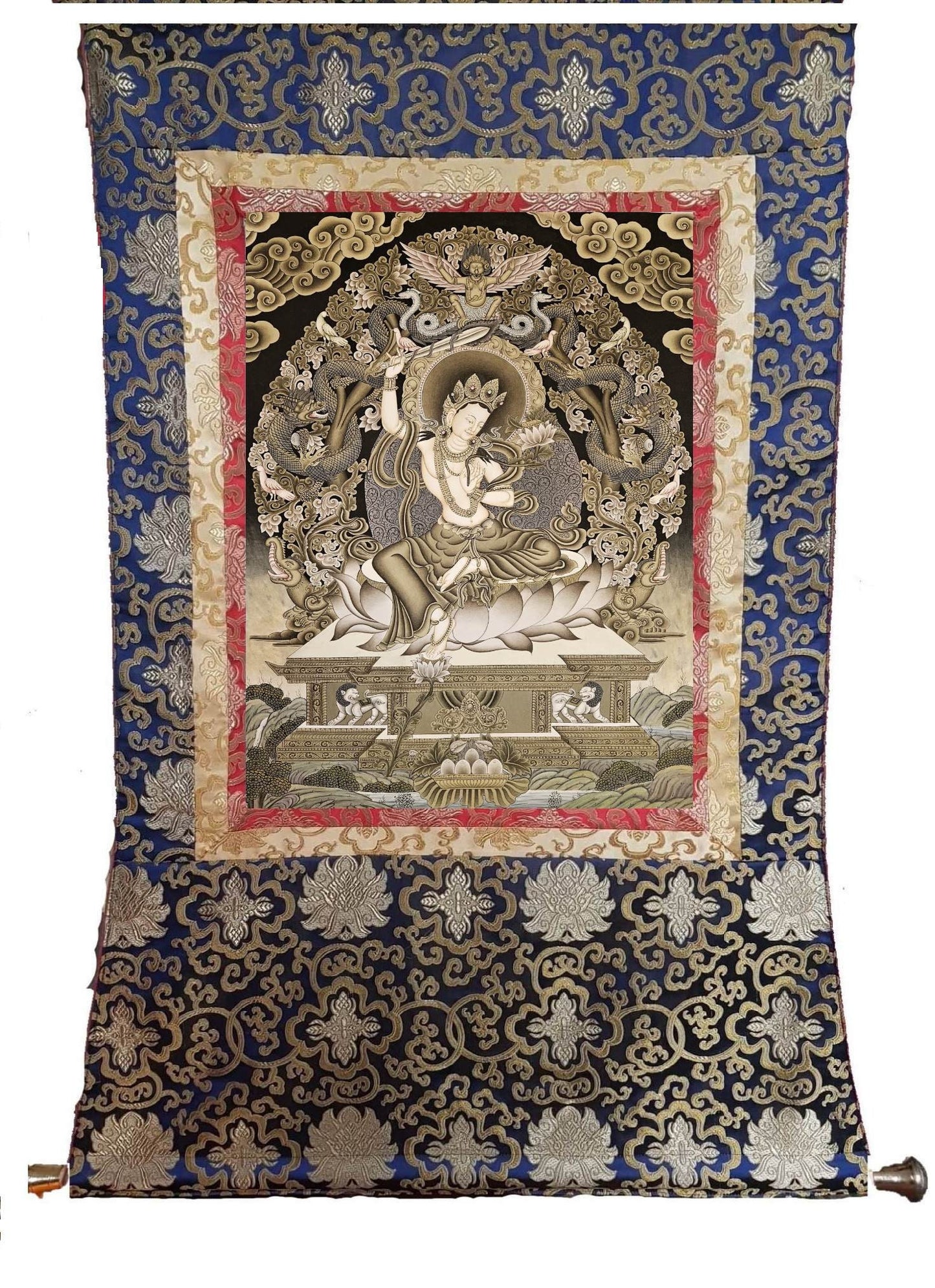 315. Manjushree (Manjushri) Thangka (Thanka) with Newari Fusion. Free Brocade / Free Shipping.