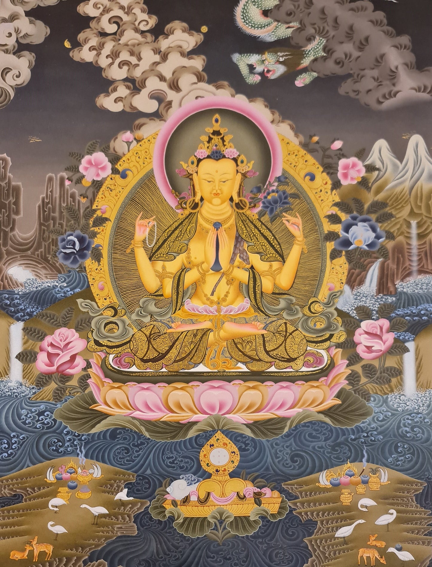 196. Chenrezig Thangka (Thanka).  Free Brocade / Free Shipping.