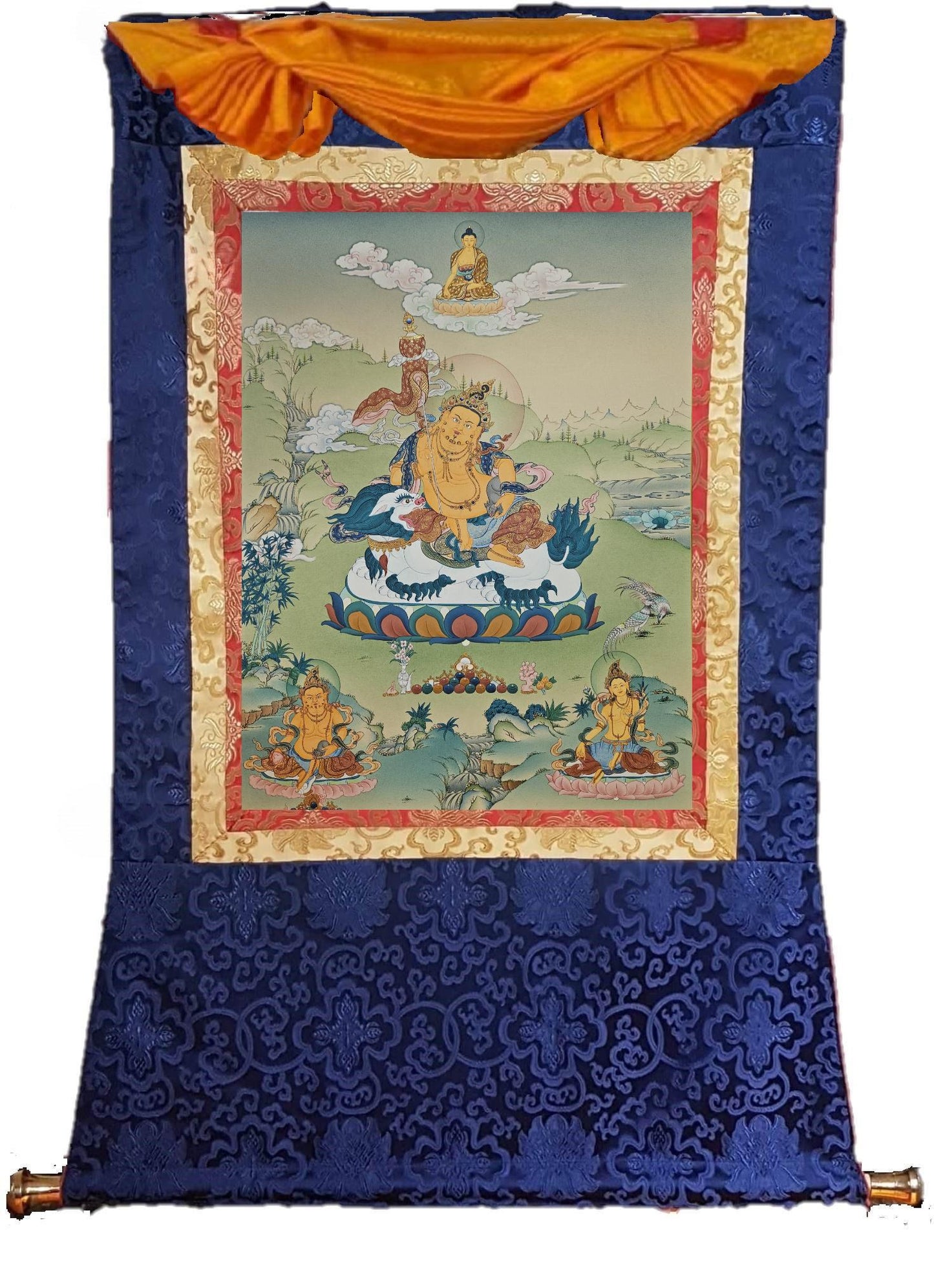 387. Namtoshe Jambhala or Zambhala Thangka (Thanka). Free Brocade / Free Shipping.
