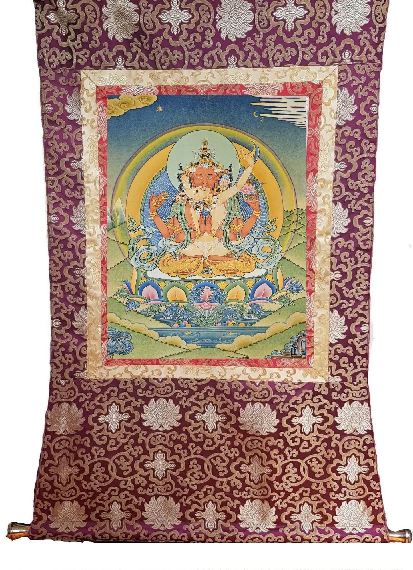 327. Gyalwa Gyatso (Red Chenrezig - Consort) Thangka (Thanka).  Free Brocade / Free Shipping.